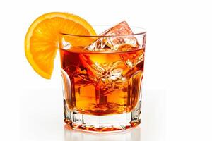 AI generated An elegant glassware set filled with Negroni cocktail, garnished with an orange slice, isolated on a white background photo