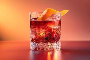 ai generado un cristal claro vaso lleno con un refrescante negroni cóctel adornado con un giro de naranja cáscara, aislado en un degradado antecedentes foto