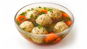 AI generated A Matzah ball soup served in a clear bowl, isolated on a white background photo