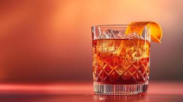 AI generated A crystal clear glass filled with a refreshing Negroni cocktail garnished with a twist of orange peel, isolated on a gradient background photo