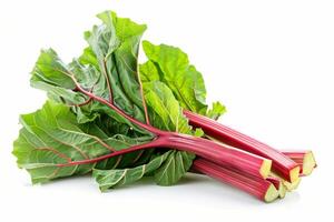 AI generated A fresh rhubarb plant with its red stalks and large green leaves, isolated on a white background photo