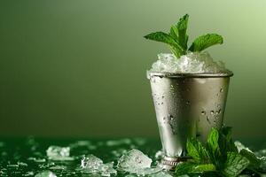 AI generated A silver mint julep glassware with crushed ice and mint sprigs, isolated on a gradient background photo