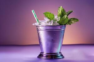 AI generated A mint julep cocktail in a silver cup, garnished with fresh mint leaves and a straw, isolated on a gradient background photo