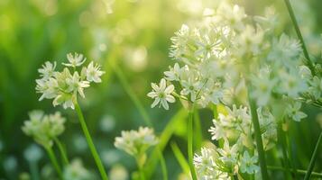 AI generated Detailed view of wild leek flowers during blooming cycle in a meadow, background with empty space for text photo
