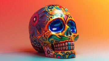 AI generated Hand painted ceramic sugar skull rich in detail and vivid colors isolated on a gradient background epitomizing Cinco de Mayo festivities photo