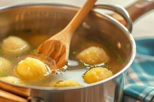 AI generated A wooden spoon stirring traditional Jewish Matzah Ball soup in a stainless steel pot, isolated on a gradient background photo