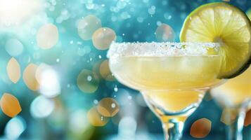 AI generated Close up of a decorated margarita glass rim with salt and lime, set against a blurry background with empty space for text photo