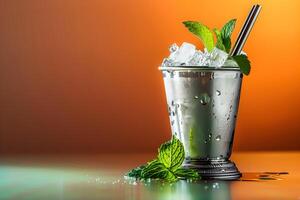 AI generated A mint julep cocktail in a silver cup, garnished with fresh mint leaves and a straw, isolated on a gradient background photo