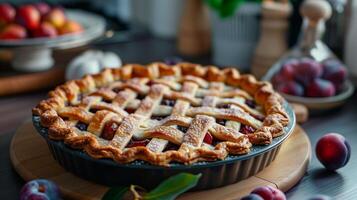 AI generated Freshly baked plum pie cooling on a kitchen counter, the background is clean and simple, offering plenty of empty space for text photo