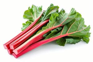 AI generated A fresh rhubarb plant with its red stalks and large green leaves, isolated on a white background photo