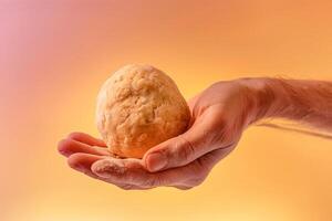 AI generated A pair of hands gently shaping a matzah ball from dough, isolated on a gradient background photo