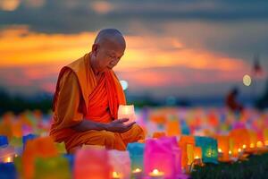 ai generado budista monje meticulosamente arreglando vistoso linternas debajo un sereno crepúsculo cielo simbolizando vesak dias reverencial celebracion foto