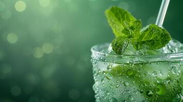 ai generado cerca arriba imagen de un enfriado menta julepe vaso con condensación gotas, menta ramitas, y un paja, conjunto en contra un Frío, verde, degradado antecedentes con vacío espacio para texto foto