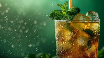 AI generated Close up image of a chilled mint julep glass with condensation droplets, mint sprigs, and a straw, set against a cool, green, gradient background with empty space for text photo