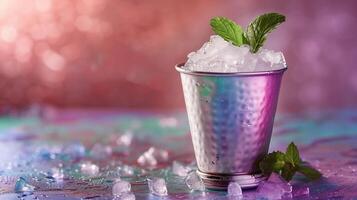 AI generated A silver mint julep glassware with crushed ice and mint sprigs, isolated on a gradient background photo