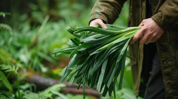 AI generated Hand holding freshly harvested wild leeks in a lush forest photo