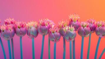 AI generated A vibrant display of blooming wild leek flowers showcasing their life cycles, isolated on a gradient background photo