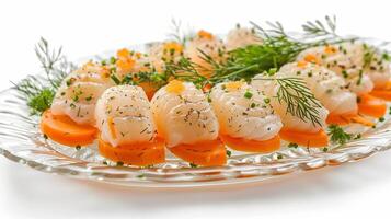 AI generated A clear glass platter displaying elegantly arranged gefilte fish with dill and carrot slices, isolated on a white background photo