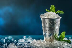 AI generated A silver mint julep glassware with crushed ice and mint sprigs, isolated on a gradient background photo