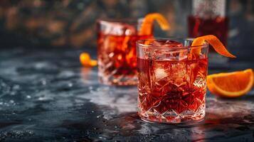 ai generado negroni cóctel servido en elegante cristalería con naranja pelar adornar foto