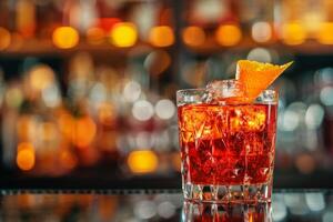 AI generated Close up of a Negroni cocktail preparation on a bar counter, featuring ingredients like gin, vermouth, and Campari, with a blurred background providing empty space for text photo