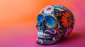 AI generated Hand painted ceramic sugar skull rich in detail and vivid colors isolated on a gradient background epitomizing Cinco de Mayo festivities photo