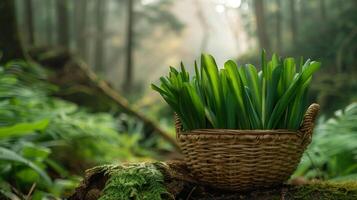 AI generated Sustainable harvested wild leeks in a woven basket, set against a lush forest backdrop, background with empty space for text photo