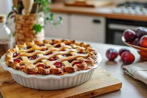 AI generated Freshly baked plum pie cooling on a kitchen counter, the background is clean and simple, offering plenty of empty space for text photo