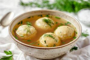 AI generated Matzah ball soup served in a ceramic bowl, garnished with fresh herbs, set on a white linen tablecloth providing a clean background with empty space for text photo