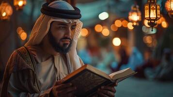 AI generated A Middle Eastern man in traditional attire fervently reads the Quran under the soft glow of hanging lanterns during Ramadan photo