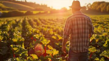 AI generated Farmer inspecting vibrant rhubarb stalks in a sunlit field photo