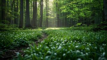 AI generated Wild leek patch marked for sustainable harvesting in a serene forest photo