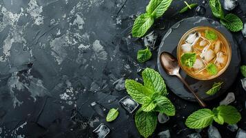 AI generated Overhead view of a Mint Julep cocktail surrounded by fresh mint sprigs and a stirring spoon on a slate coaster, featuring a neutral background with empty space for text photo