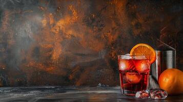 AI generated Negroni cocktail ingredients such as orange peel, gin, Campari, and vermouth artistically arranged against a dark, moody background with ample empty space for text photo