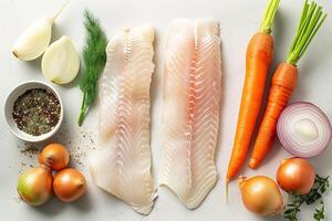 AI generated A selection of raw ingredients for making gefilte fish, including fish fillets, onions, and carrots, isolated on a gradient background photo