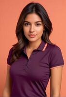 ai generado atractivo joven mujer en un púrpura polo camisa posando en contra un melocotón fondo, ideal para Moda y productos cosméticos publicidad, internacional De las mujeres día contenido foto