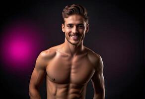 AI generated Smiling fit male model with toned physique and stylish hair poses on a dark background with colored highlights, ideal for fitness and health concepts photo