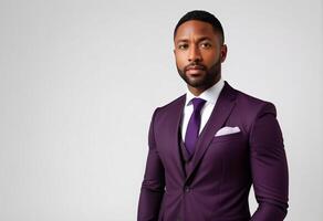 AI generated Confident African American businessman in a sharp purple suit, ideal for professional themes, corporate events, and Black History Month celebrations photo