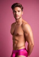AI generated Fit young Caucasian man in pink underwear posing against a pink background, evoking concepts of Valentines Day and mens health awareness photo
