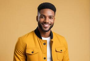 AI generated Cheerful African American man smiling in a stylish mustard jacket against a beige background, ideal for fashion and cultural diversity themes photo