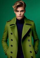 ai generado elegante joven caucásico masculino modelo vistiendo un de moda verde zanja Saco en contra un sólido Esmeralda fondo, Perfecto para Moda y S t patricks día promociones foto