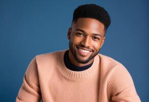 AI generated Cheerful African American man smiling in a casual sweater, ideal for lifestyle themes, diversity, and workplace inclusion concepts photo