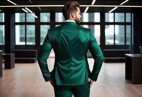 ai generado confidente caucásico empresario en un elegante verde traje en pie en un moderno oficina configuración, Perfecto para corporativo Moda y S t patricks día temas foto