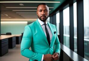 AI generated Confident African American businessman in a stylish turquoise suit posing in a modern office, concept of leadership and Black History Month photo