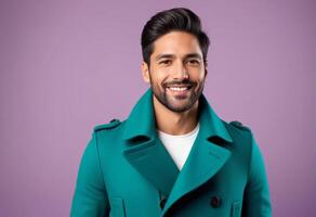 AI generated Confident young South Asian man smiling in stylish teal coat, model posing for a fashion shoot, ideal for urban lifestyle and clothing advertisements photo