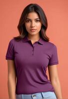 ai generado confidente joven mujer en un elegante púrpura polo camisa posando en contra un melocotón fondo, ideal para Moda y casual vestir conceptos foto