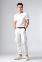AI generated Confident Asian man in a casual white t shirt and pants posing on a grey background, suitable for fashion and lifestyle content photo