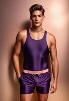 AI generated Confident young Caucasian man modeling in a purple athletic tank top and shorts set, ideal for fashion, fitness, and sportswear concepts photo