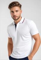 AI generated Handsome young adult male model posing in a white polo shirt with trim detail, perfect for Fathers Day promotions and casual summer fashion advertising photo