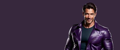 AI generated Smiling caucasian man wearing stylish purple leather jacket over a navy shirt, representing urban fashion trends and modern lifestyle, isolated on a purple background photo